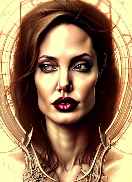 Image similar to portrait of angelina jolie, volumetric lights, feast, music notes, art nouveau botanicals, gothic, intricate, highly detailed, digital painting, artstation, concept art, smooth, sharp focus, symmetric face, illustration, steampunk, art by artgerm and greg rutkowski and alphonse mucha