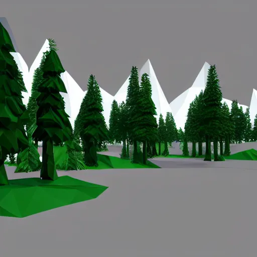 Image similar to a forest of 3d low poly trees with the mountains in the background, high quality, mobile game