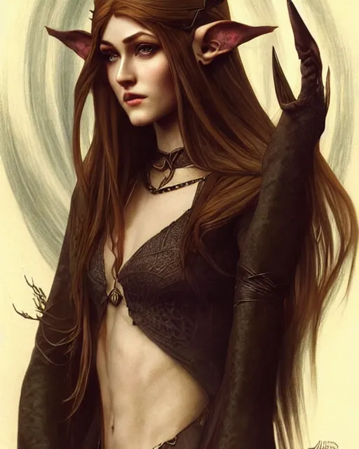 Image similar to portrait of katherine mcnamara elven mage, dark, piercing eyes, gentle expression, elegant clothing, photorealistic, highly detailed, artstation, smooth, sharp focus, art by michael whelan, artgerm, greg rutkowski and alphonse mucha