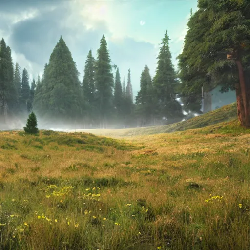 Prompt: magical landscape with a meadow in the foreground, a battle between two fantasy armies, a forest in the background and a mountain on the horizon, realistic, detailed, cinematic light, art by unreal engine 5 art