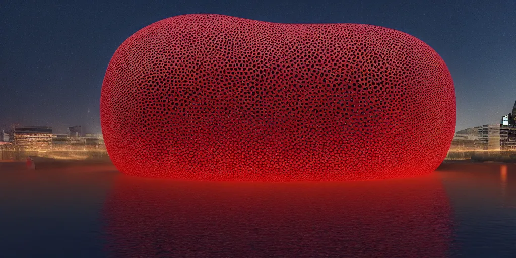 Image similar to An epic architectural rendering of a blob shaped trypophobia house with a mysterious red glow emitting from inside in a modern cityscape next to a river, stunning, gorgeous, golden ratio, photorealistic, featured on artstation, 4k resolution