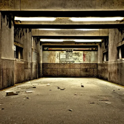 Image similar to color photo of an abandoned art deco subway station