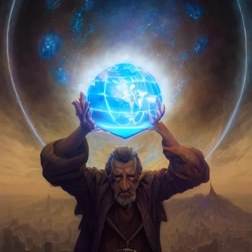 Image similar to the creator of worlds wearing a cloak and holding a holographic planet projection in his hand, detailed, sci - fi, digital painting, artstation, sharp focus, illustration, ominous, artgerm, tomasz alen kopera, peter mohrbacher, donato giancola, joseph christian leyendecker, wlop, frank frazetta