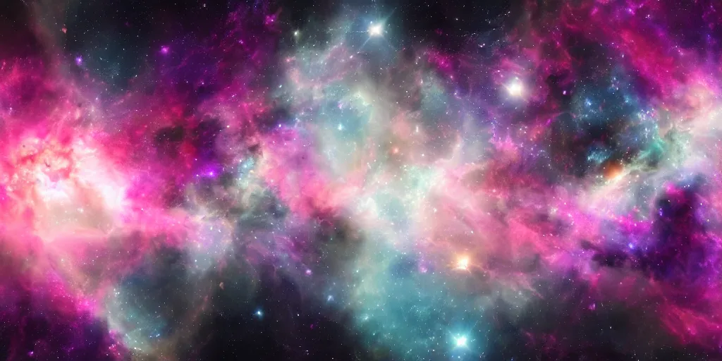 Prompt: magnificent photography of a nebula in deep space landscape, pink and purple chaotic clouds, stars, unreal engine render, nasa, artstation, deviantart, 8 k