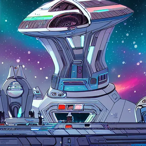 Image similar to Sci Fi Alien Space station, illustrated by Patrick Gleason and Tim Shumate, detailed art, artstation, comic art, space backround