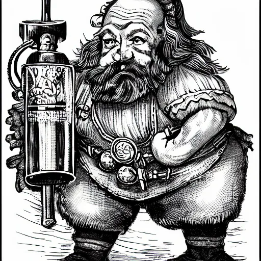 Prompt: dwarf with beard, holding a bomb, dnd, high detail, fantasy, in the style of vintage antique illustration and line drawing or engraving