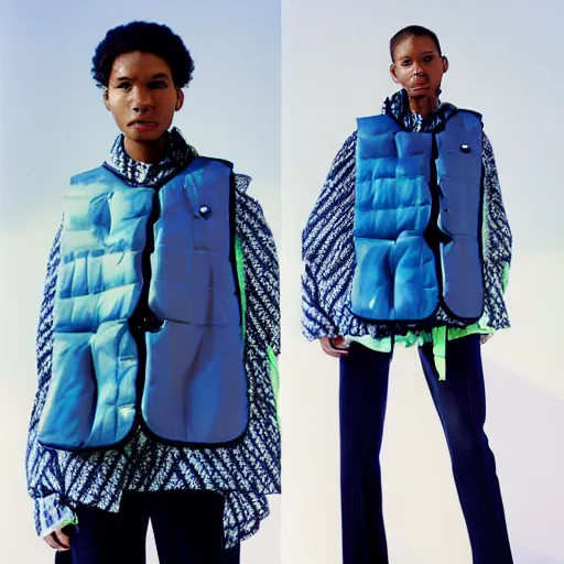 Image similar to realistic photoshooting for a new issey miyake lookbook, color film photography, portrait of a beautiful woman, model is wearing techtical vest, blue direct lightning, photo in style of tyler mitchell, 3 5 mm,