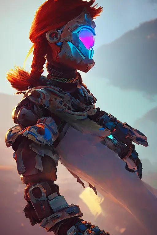 Image similar to combination suit armor aloy horizon forbidden west horizon zero dawn radiating a glowing aura global illumination ray tracing hdr fanart arstation by ian pesty and alena aenami artworks in 4 k tribal robot ninja mask helmet backpack