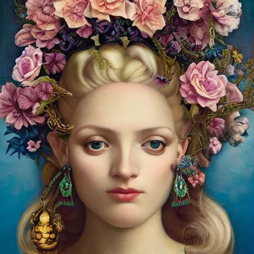 Image similar to centered portrait composition, woman with blonde hair full of spring flowers wearing ornate earrings, ornate gilded details, pastel colors, a surrealist painting by tom bagshaw and jacek yerga and tamara de lempicka and jesse king, wiccan, pre - raphaelite, featured on cgsociety, pop surrealism, surrealist, dramatic lighting