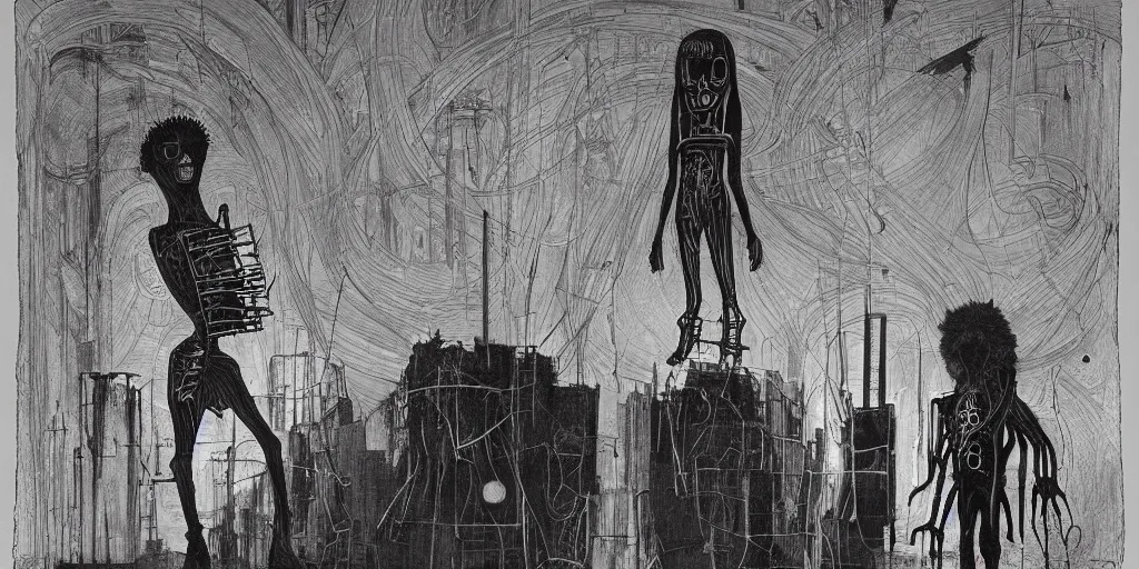 Prompt: solarpunk human, by david caspar friedrich and giger and Jean-Michel Basquiat