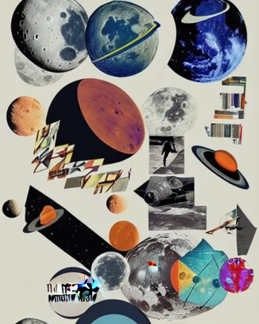 Image similar to A collage, made of random shapes cut from fashion magazines, of Space Travel, landing on the moon, mid-century modern.