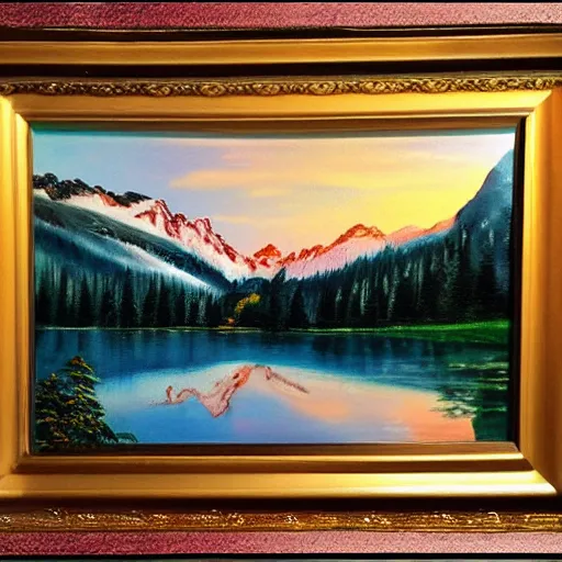 Image similar to ! dream lake in the alps at sunset painted by bob ross