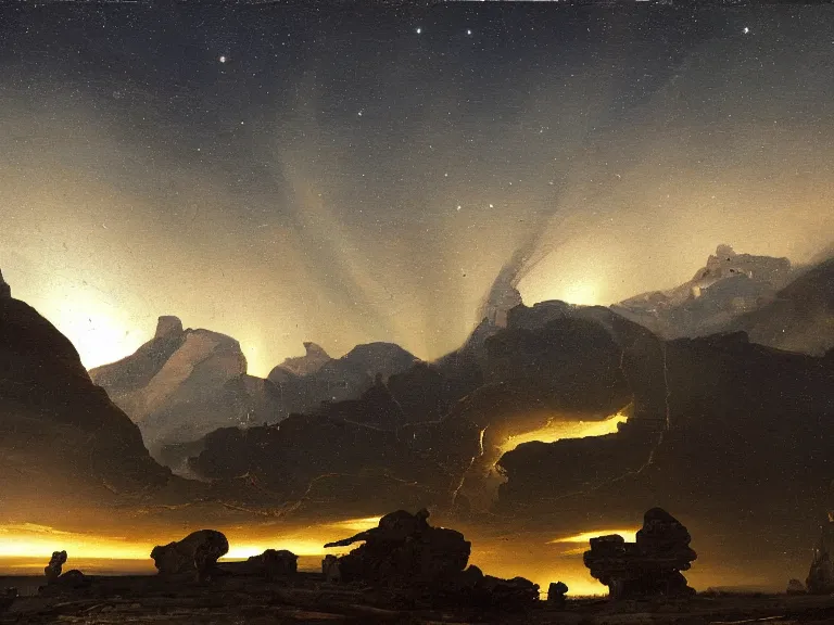 Image similar to an oil painting of a cracked plane on an alien planet with a distant mountain range at dusk with aurora lighting up the sky by carl spitzweg and tuomas korpi. baroque elements, full-length view. baroque element. intricate artwork by caravaggio. Trending on artstation. 8k