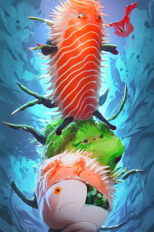 Image similar to 3 d render creature animal sushi cristal very big eye roots cactus elemental flush of force nature micro world fluo fishscale, comics gta 5 cover, official fanart behance hd artstation by jesper ejsing, by rhads, makoto shinkai and lois van baarle, ilya kuvshinov, ossdraws