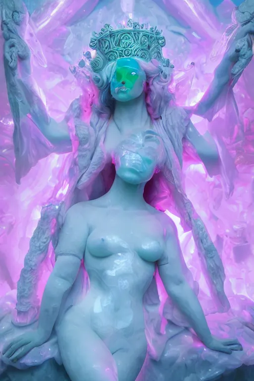 Image similar to photo of fullbody rococo and cyberpunk delicate neon crystalline sculpture of beautiful curvy onyx albino marble goddess as mint iridescent humanoid deity wearing pink plastic hooded cloak holding an onyx skull in a onyx space dungeon, reclining, glowing yellow face, crown of white diamonds, cinematic lighting, photorealistic, octane render 8 k depth of field 3 d