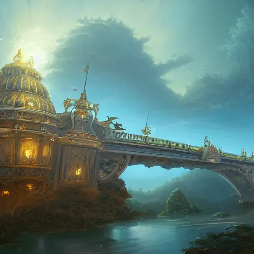 Prompt: A rococo spaceship above the Golden Bridge, by andreas rocha, featured on artstation