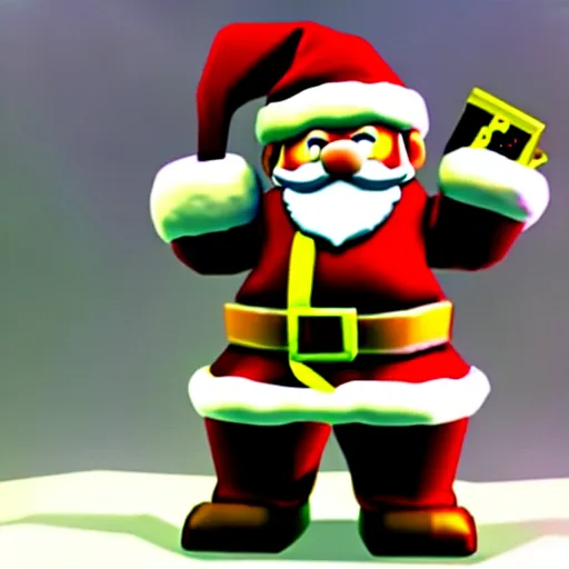 Prompt: santa claus first person shooter, nintendo 6 4 screenshot, low poly, aliased