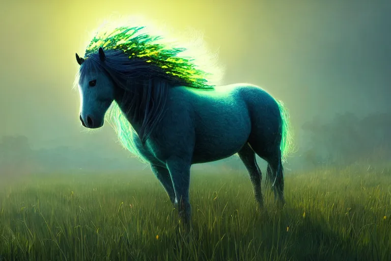Prompt: a stunning horse with a mane of bioluminescent plants running through a meadow by eddie mendoza ( flowerpunk ), volumetric light, digital art, fine detail, photorealistic