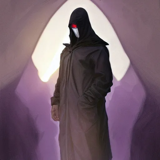 Image similar to ultra realistic illustration, man in a black hood, in a striped purple balaclava, mysterious, highly detailed, digital painting, artstation, concept art, smooth, sharp focus, illustration, art by artgerm and greg rutkowski and alphonse mucha