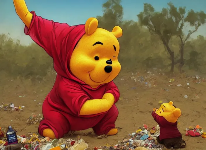 Image similar to portrait of Xi Jinping wearing a Winnie the Pooh onesie in a trashy Chinese dirt poor landfill, hungry, beta weak male, digital painting, concept art, smooth, sharp focus, illustration, from Slumdog Millionaire, by Ruan Jia and Mandy Jurgens and William-Adolphe Bouguereau, Artgerm