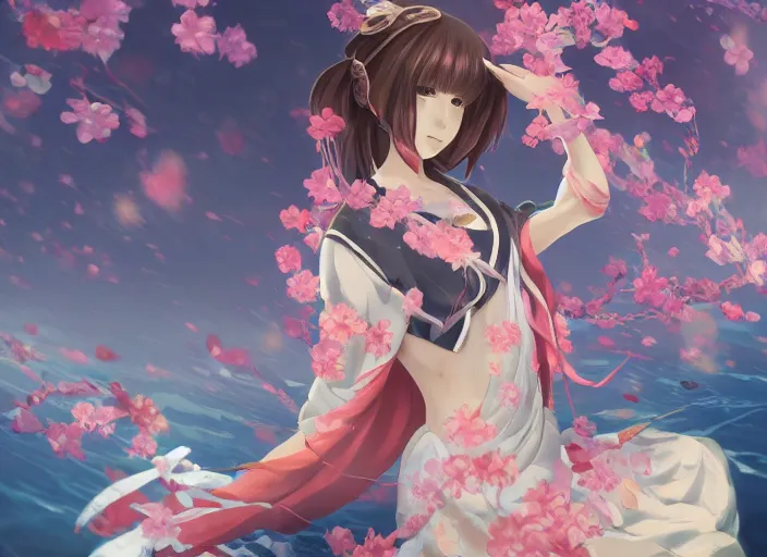 Prompt: anime girl wearing japanese kimono surrounded by spirit blossoms in a serene lake, symmetry, concept art, dynamic pose, digital illustration, trending on artstation, intricate details, epic composition, sharp focus, 8 k uhd, masterpiece, league of legends splash art