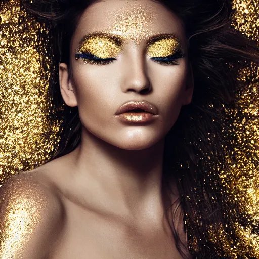 Prompt: extreme close up portrait of stunningly beautiful girl, staring in the camera, symmetrical, gold dust make up, high res photo, 8 k, 5 0 mm 1. 8, bokeh, by mario testino