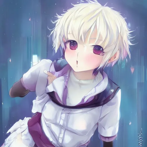 Prompt: advanced full body digital anime art::cute short anime girl dog hybrid, short white hair, purple watery eyes, full round face :: cinematic lighting, very high detail, trending on pixiv :: WLOP, RossDraws, RuanJia, James Jean, Andrei Riabovitchev, Totorrl, Marc Simonetti, Visual Key, and Sakimichan