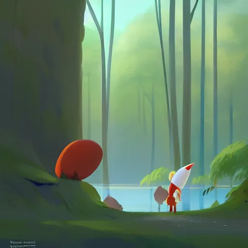 Prompt: goro fujita ilustration a beautiful forest with tall and short trees, with lots of vegetation, reflected in a lake, the rays of light go through the forest, characters drawn with simple shapes appearing through the illustration, painting by goro fujita, sharp focus, highly detailed, artstation