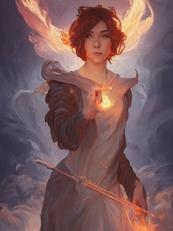 Image similar to young summoner with a fire elemental, fantasy, man, intricate, elegant, highly detailed, digital painting, artstation, concept art, wallpaper, smooth, sharp focus, illustration, art by artgerm and greg rutkowski and alphonse mucha