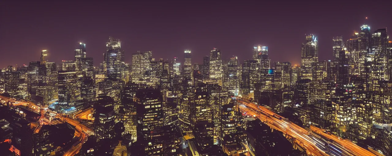 Prompt: wide shot panorama 20mm lens of a nostalgic megalopolis skyline, at night, detailled, 8K, architecture photography, city, skyscrappers, starry sky, glass reflections, melancholy, lens flares, city lights, neons, raining, fog, silhouettes