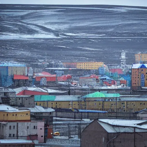 Image similar to moon landscape, norilsk the moon city, telephoto, street