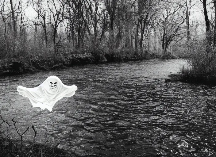 Image similar to photo of a ghostly figure floating over a river, cinematic, blair witch project, real