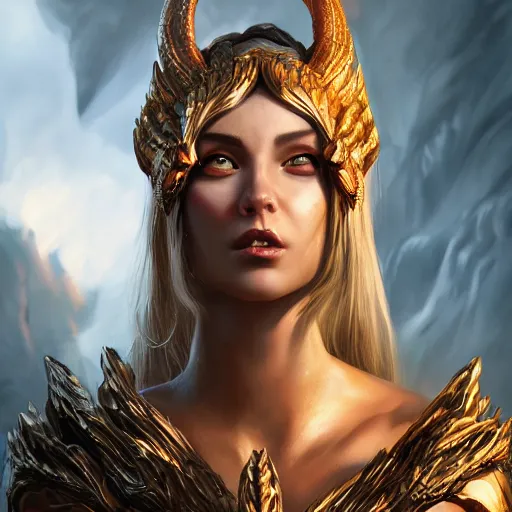 Prompt: A stunning comic book style portrait painting of a dragon goddess, wide view, unreal 5, DAZ, hyperrealistic, octane render, cosplay, RPG portrait, dynamic lighting,