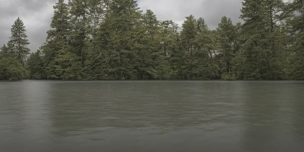 Image similar to centered photograph of a infintely long rope zig zagging across the surface of the water into the distance, floating submerged rope stretching out towards the center of the lake, a dark lake on a cloudy day, color film, trees in the background, hyper - detailed photo, anamorphic lens