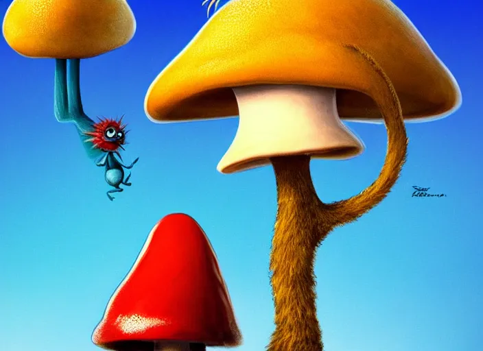 Image similar to a cute dr seuss creature sitting next to a mushroom, golden hour, fantasy, sharp focus, digital art, hyper realistic, 4 k, unreal engine, highly detailed, hd, dramatic lighting by brom, trending on artstation