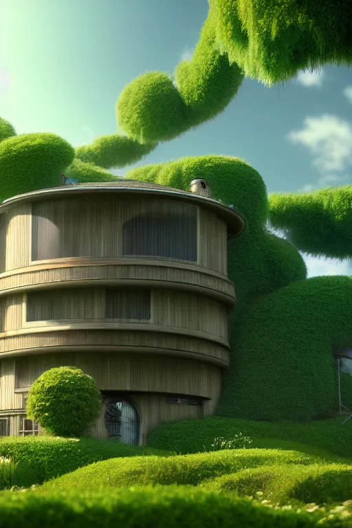 Image similar to cylindrical house, solarpunk, studio ghibli, jean - baptiste monge, octane render, 4 k