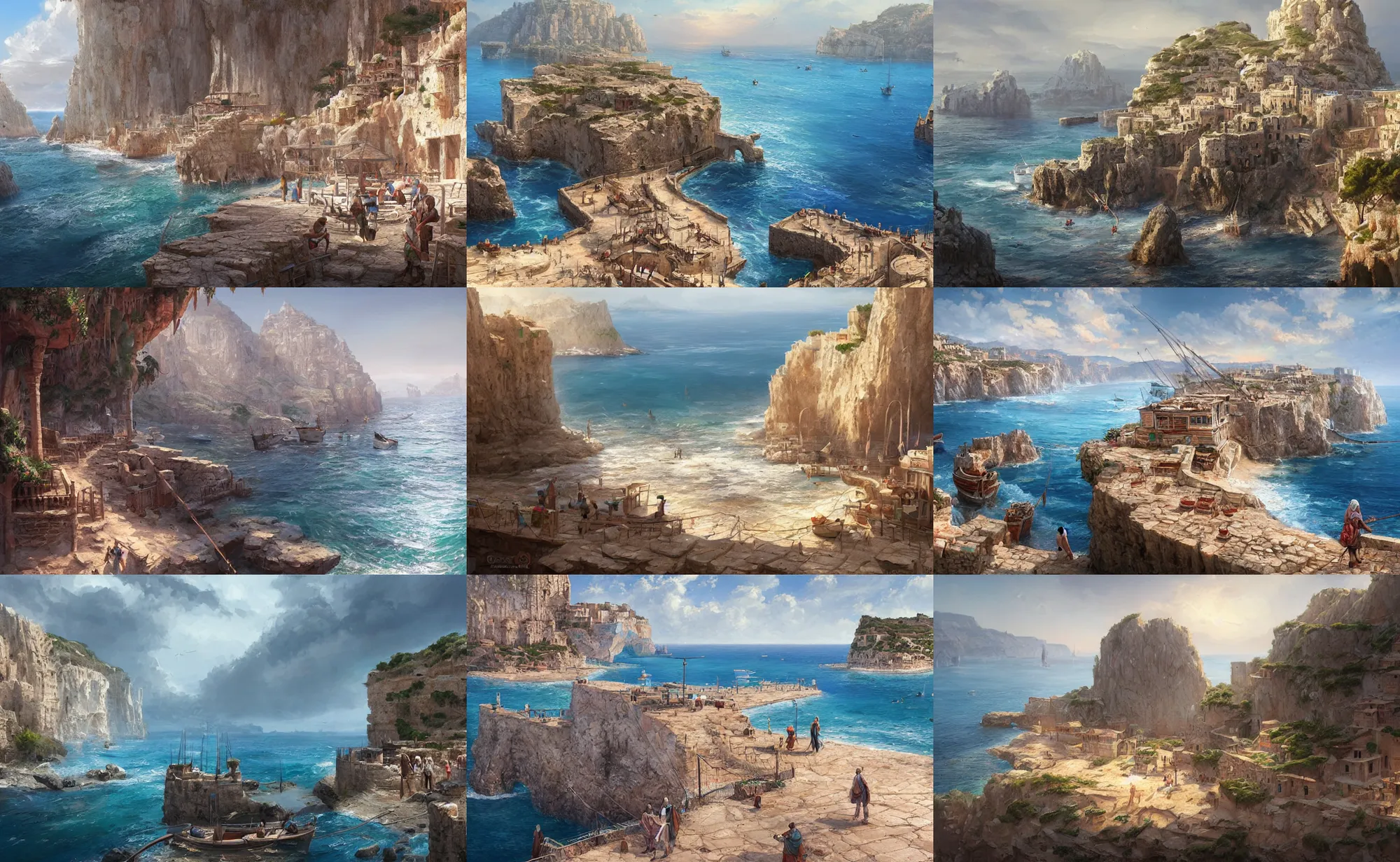 Prompt: mediterranean phoenician fishing village, over a chalk cliff, highly detailed, digital painting, artstation, concept art, sharp focus, illustration, art by artgerm and greg rutkowski and raphael lacoste and magali villeneuve