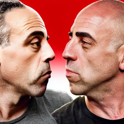 Prompt: Jordan Peterson and Joe Rogan kissing, photo, hyper-realistic, artstation, paparazzi, candid, photorealistic, 4k