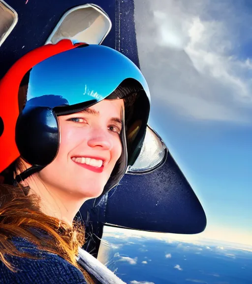 Image similar to a young woman, pilot helmet on, pilot a airplane, blue sky, composition