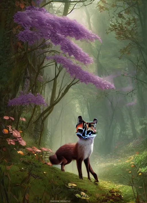 Image similar to Magical fox, sneaking in a forest, fantasy, painting, violet flowers, illustration, high quality, highly detailed, Marc Simonetti, Andreeva Katerina