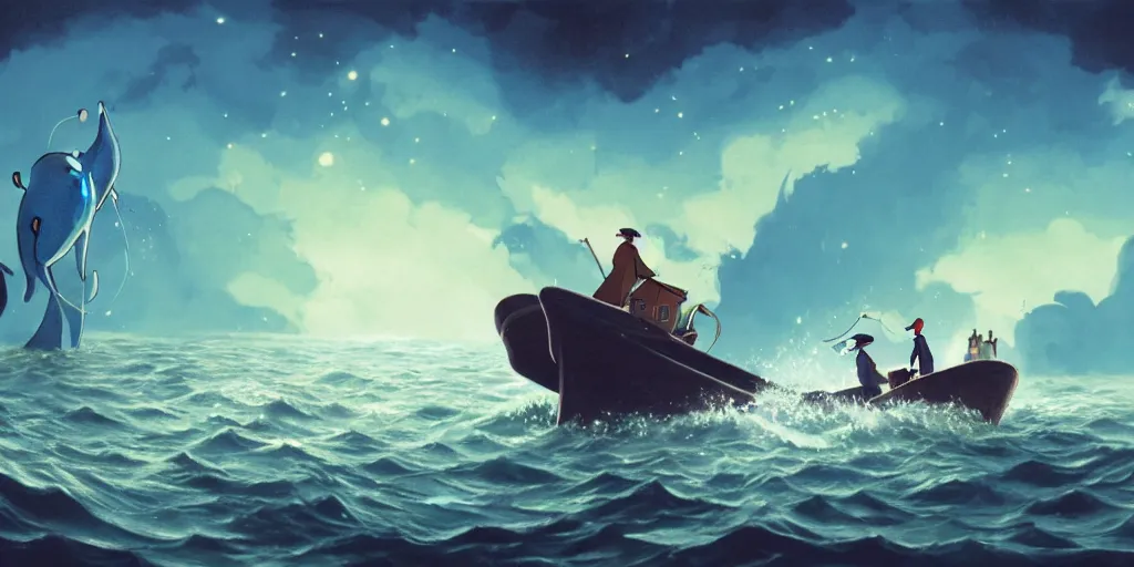 Image similar to a realistic and atmospheric cell - shaded concept art from howl's moving castle ( 2 0 0 4 ) of a multi - colored whale jumping into the air. a man with an umbrella is standing in a boat in a flooded city. it is a misty starry night. very dull muted colors, hd, 4 k, hq