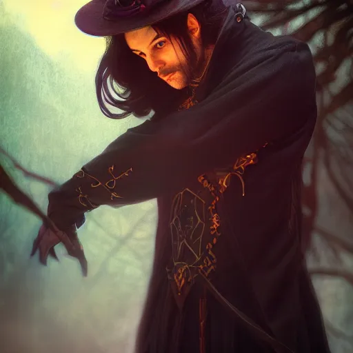 Image similar to a portrait of a male warlock,Grim fantasy, D&D, HDR, natural light, shoulder level shot, dynamic pose, award winning photograph, Mucha style 4k,