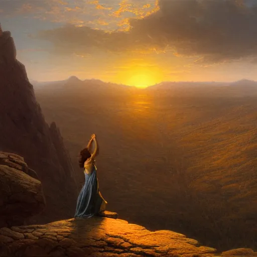 Image similar to an ultradetailed matte landscape painting of a large mountain made into a sculpture of a woman, sunrise on the horizon in the background, stone hand raised up, 8 k, art by greg rutkowski and albert bierstadt