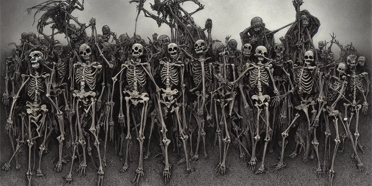 Image similar to satanic skeleton gang emerge from the cemetery on a dark night by zdzisław beksinski and gustave dore and alphonse mucha