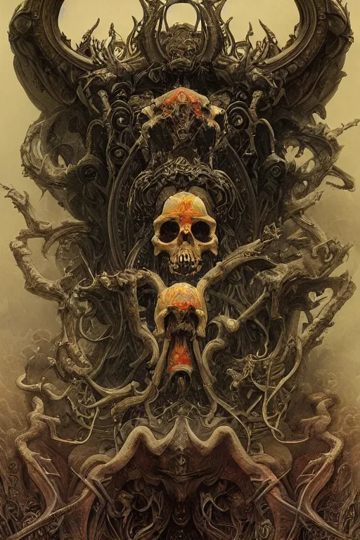 Image similar to evil gigantic demon skull lord of death, fantasy painting, ultra realistic, wide angle, art nouveau, intricate details, rainbowshift, vivid colors, highly detailed by peter mohrbacher, h. r. giger, maxfield parrish, gaston bussiere, gustave dore, craig mullins