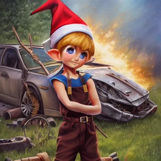 Prompt: a skinny fantasy elf with spiky blonde hair wearing dark brown overalls and holding a firecracker standing next to a destroyed car, painting by artgerm