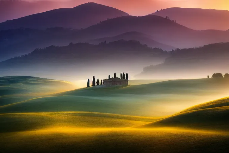 Image similar to moody landscape photography by marc adamus, mist, sunset, hills, tuscany, beautiful