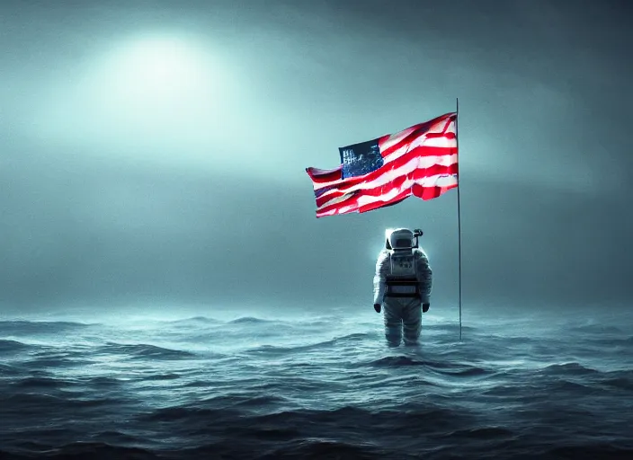 Image similar to astronaut holding a flag in an underwater desert. a submarine is visible in the distance. dark, concept art, cinematic, dramatic, atmospheric, 8 k, trending on artstation, blue, fish, low visibility, light rays, extremely coherent, fog, ocean floor, christopher nolan, interstellar