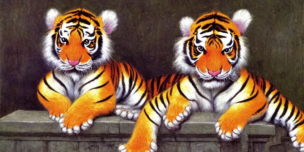 Prompt: 3 d precious moments plush tiger, realistic fur, muted blue, peach, gray, brown, purple color scheme, master painter and art style of john william waterhouse and caspar david friedrich and philipp otto runge