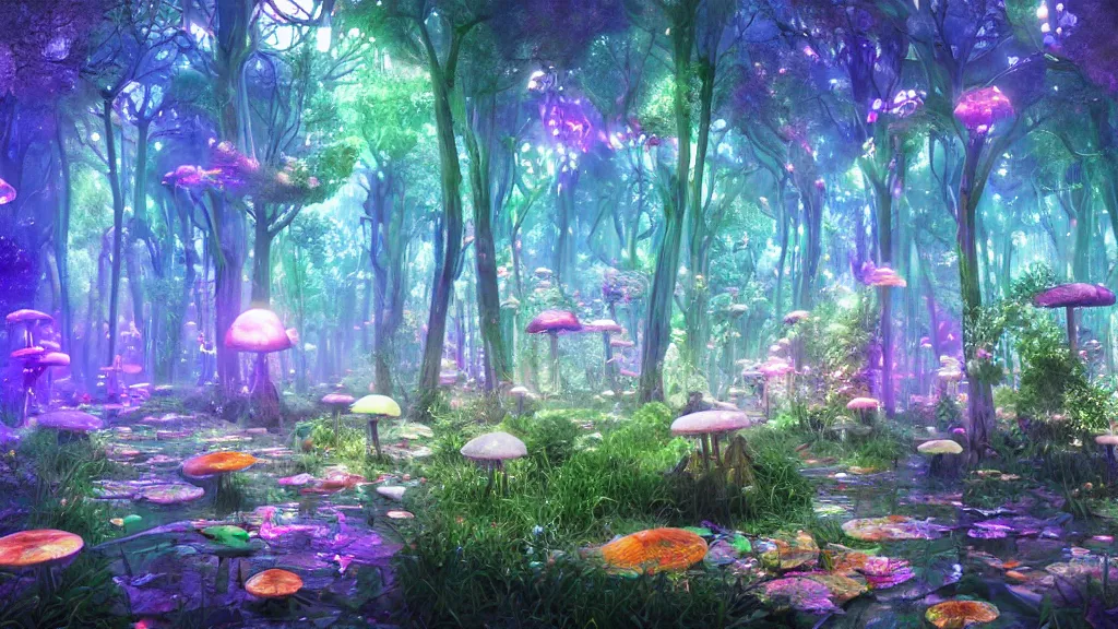 Prompt: 8k, acid trip, hall of mirrors, ultra detailed, a hyperrealistic image of a mycelium forest with neon glowing mushrooms, with magical creatures, by makoto shinkai, trending on patreon, artstation, deviantart. Unreal engine